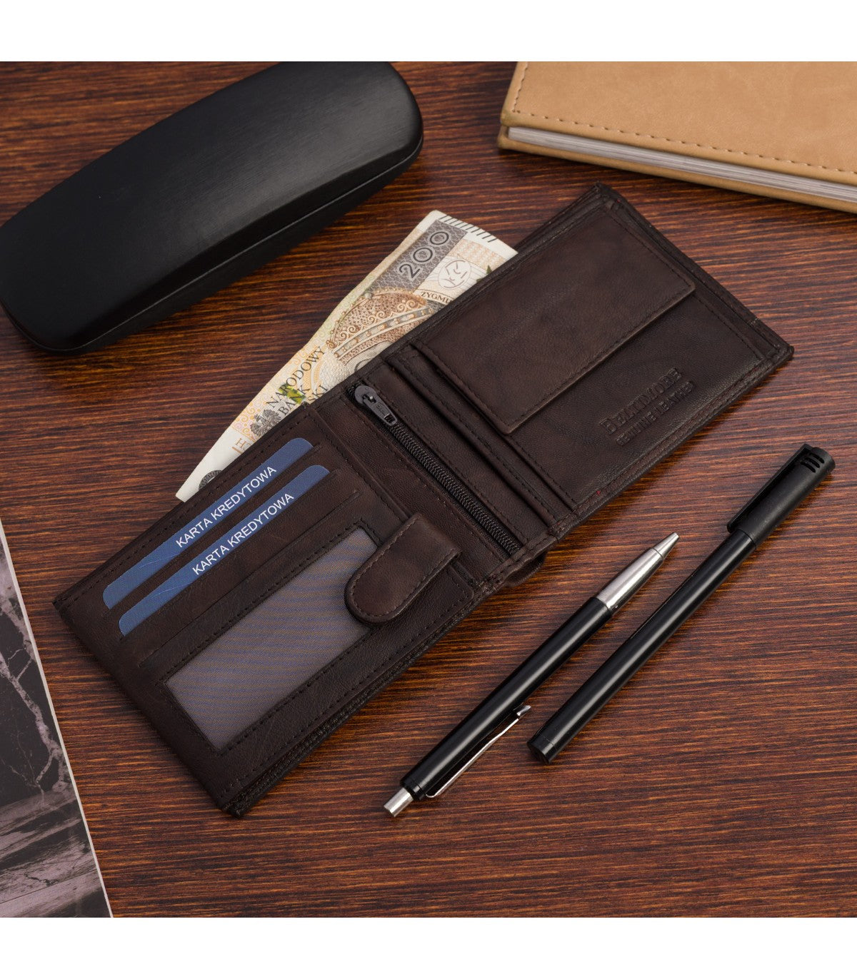 Portfel skórzany męski klasyczny poziomy z flagą brązowy RFiD Beltimore D28