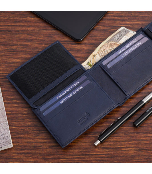 Portfel skórzany męski mały poziomy z flagą granatowy RFiD Beltimore D54