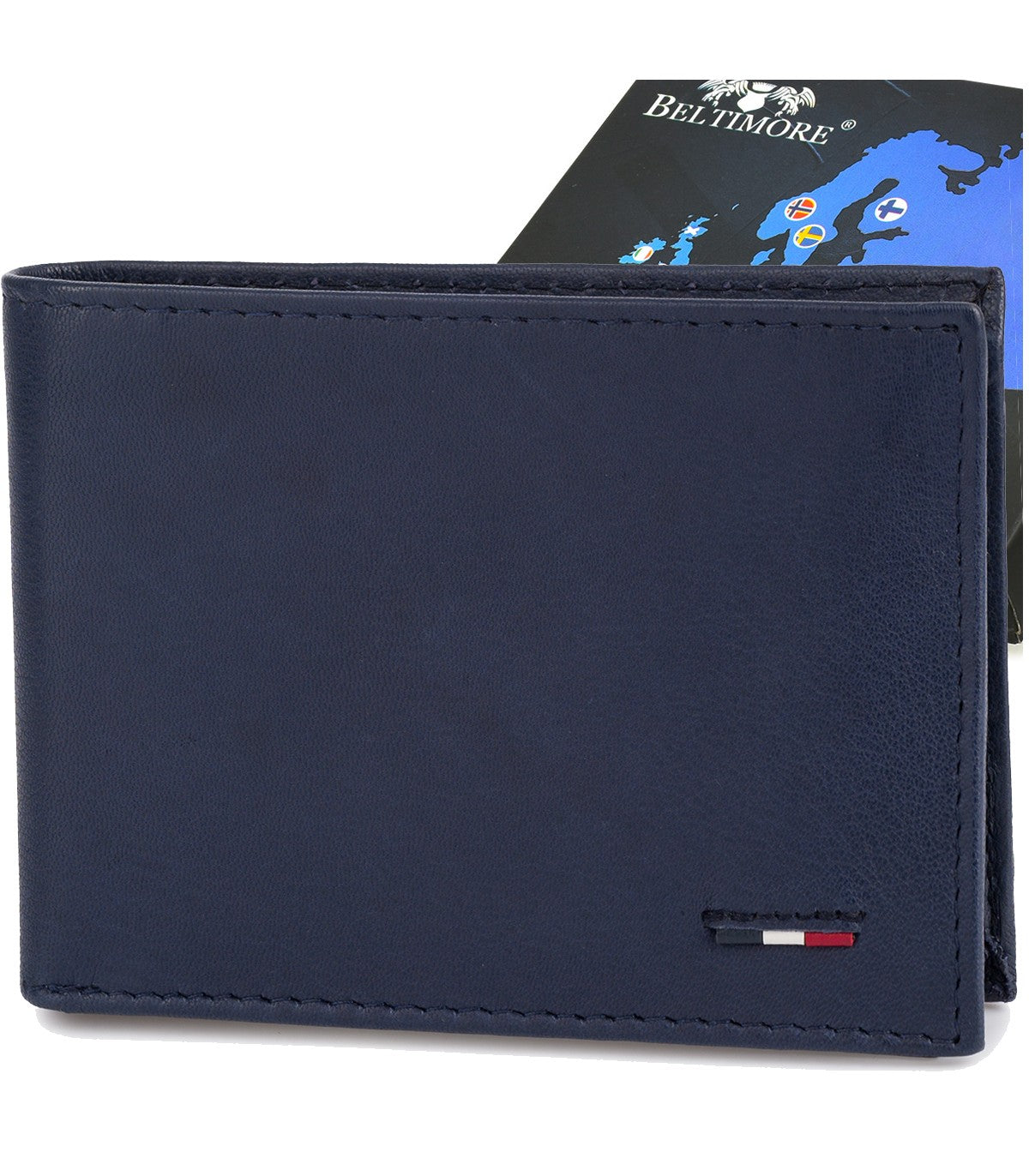 Portfel skórzany męski mały poziomy z flagą granatowy RFiD Beltimore D54