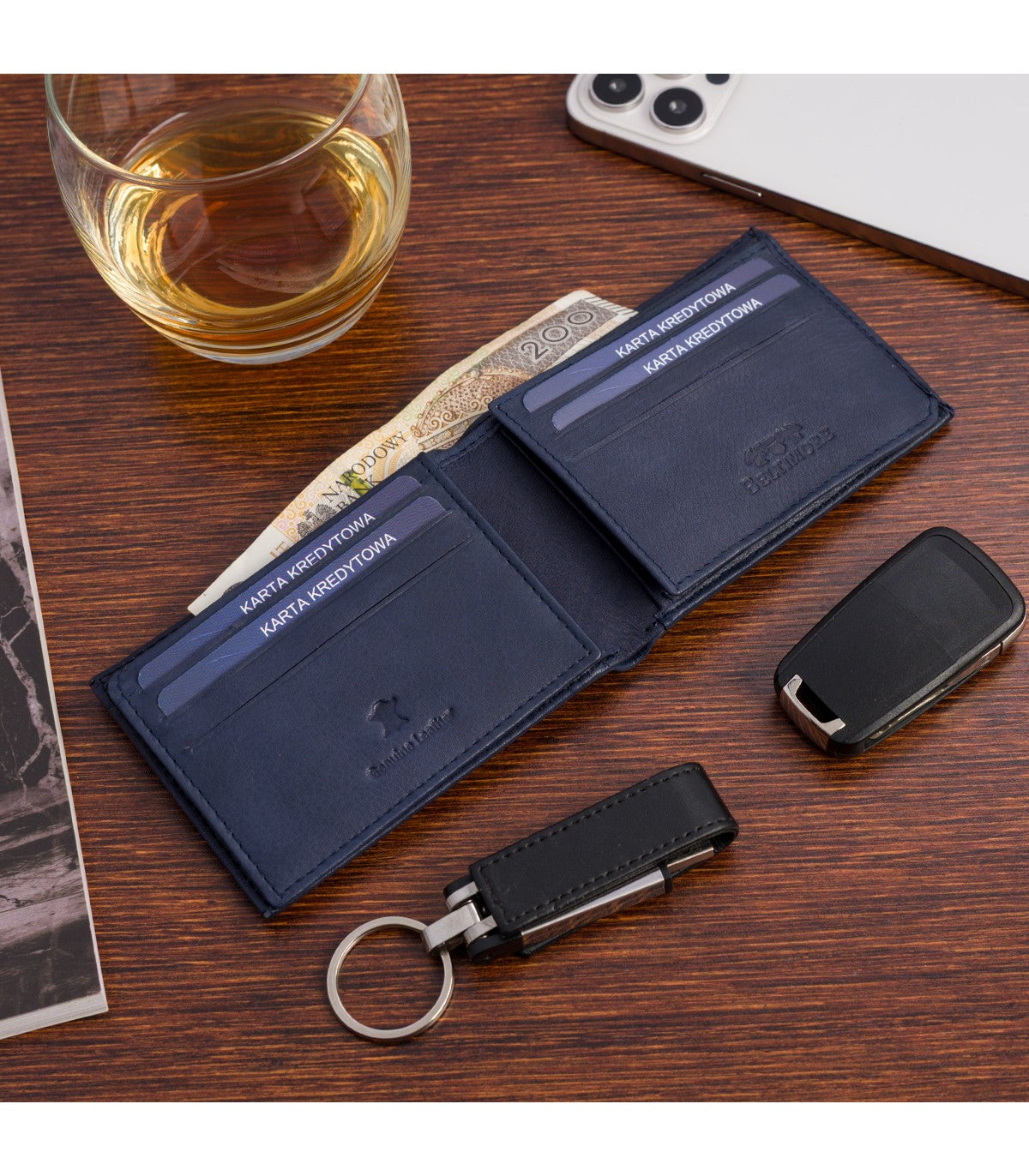 Portfel skórzany męski mały poziomy z flagą granatowy RFiD Beltimore D54