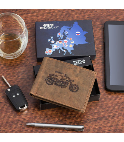 Portfel skórzany męski brązowy nubuk poziomy skóra motor RFiD Beltimore R94