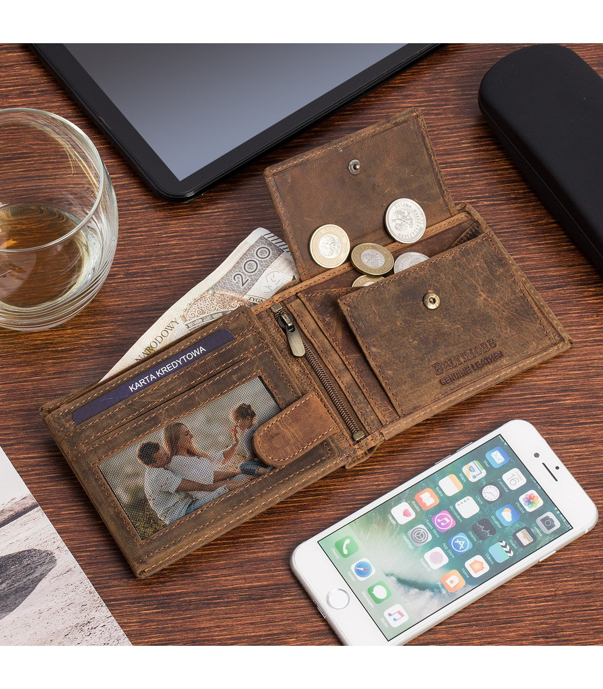 Portfel skórzany męski brązowy nubuk poziomy skóra motor RFiD Beltimore R94