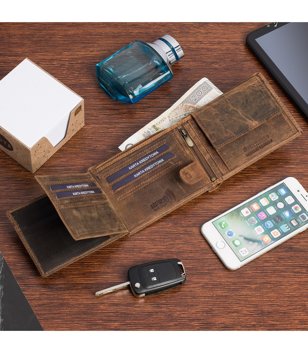 Portfel skórzany męski brązowy nubuk poziomy skóra motor RFiD Beltimore R94
