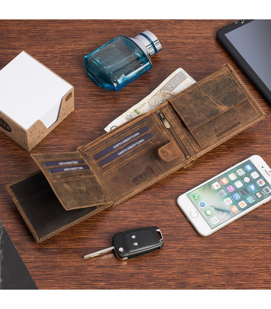 Portfel skórzany męski brązowy nubuk poziomy skóra motor RFiD Beltimore R94